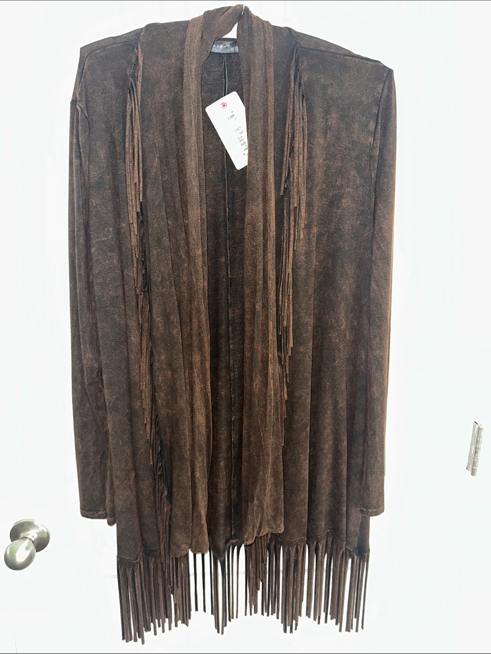 T-Party Faux Suede Mineral Wash Fringe Duster Cardigan, Size L
